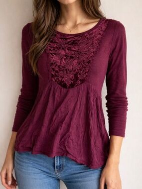 Burgundy Chiffon and Velvet top Size S
